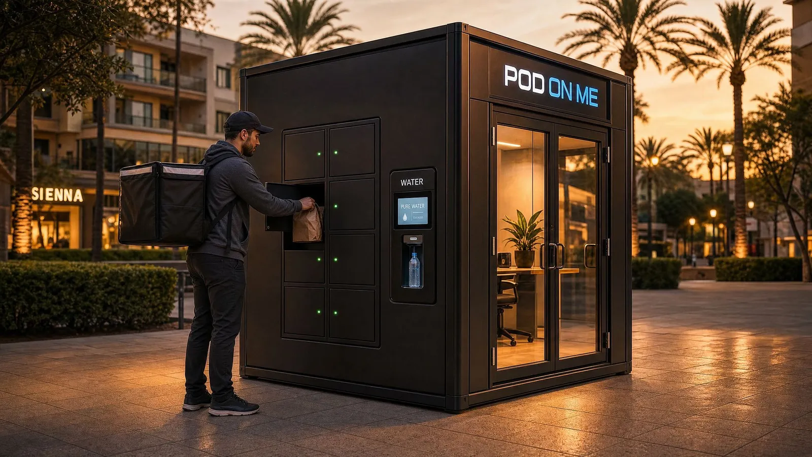 A courier placing dinner into a smart locker on the side of a POD ON ME pod at dusk