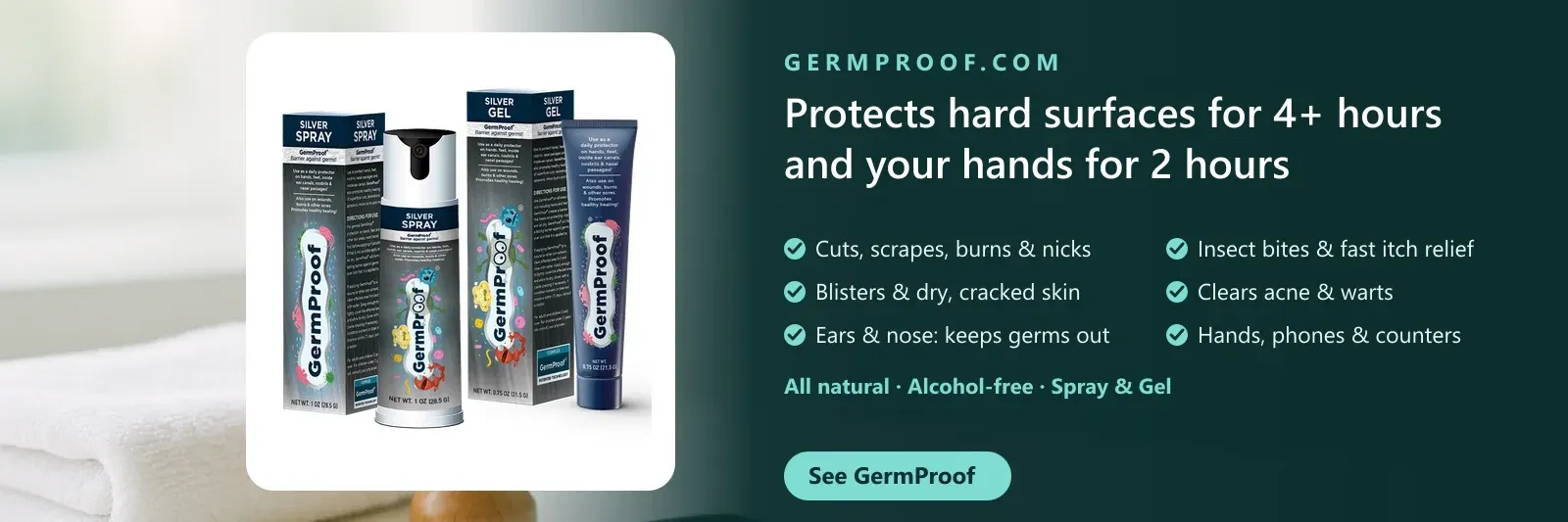 GermProof.com: an invisible germ barrier on your skin for hours. Silver Spray and Silver Gel.
