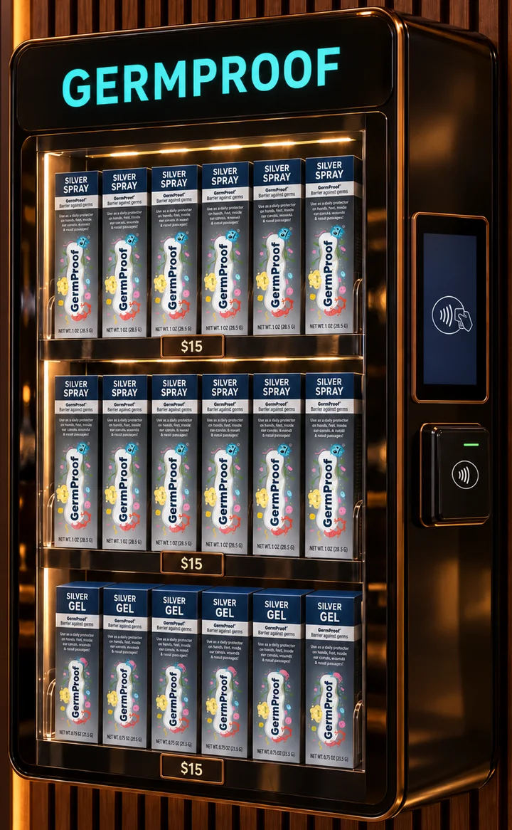 The GermProof vending unit inside a pod, stocked with boxed GermProof Silver Spray and Silver Gel at $15 each