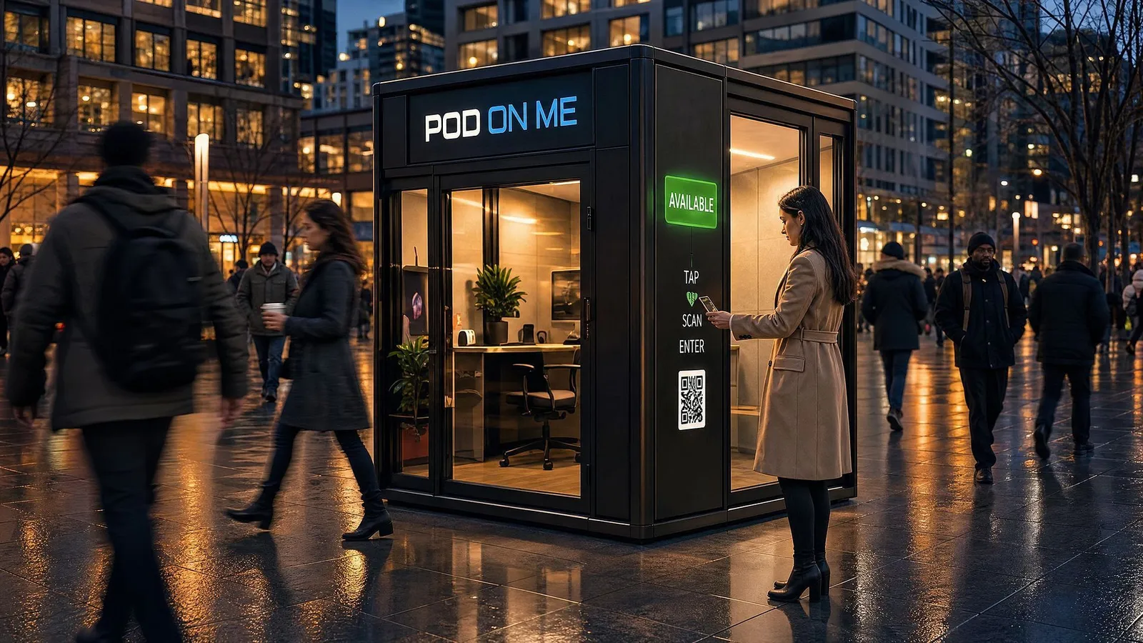 A rebuilt POD ON ME pod on a busy downtown plaza at night