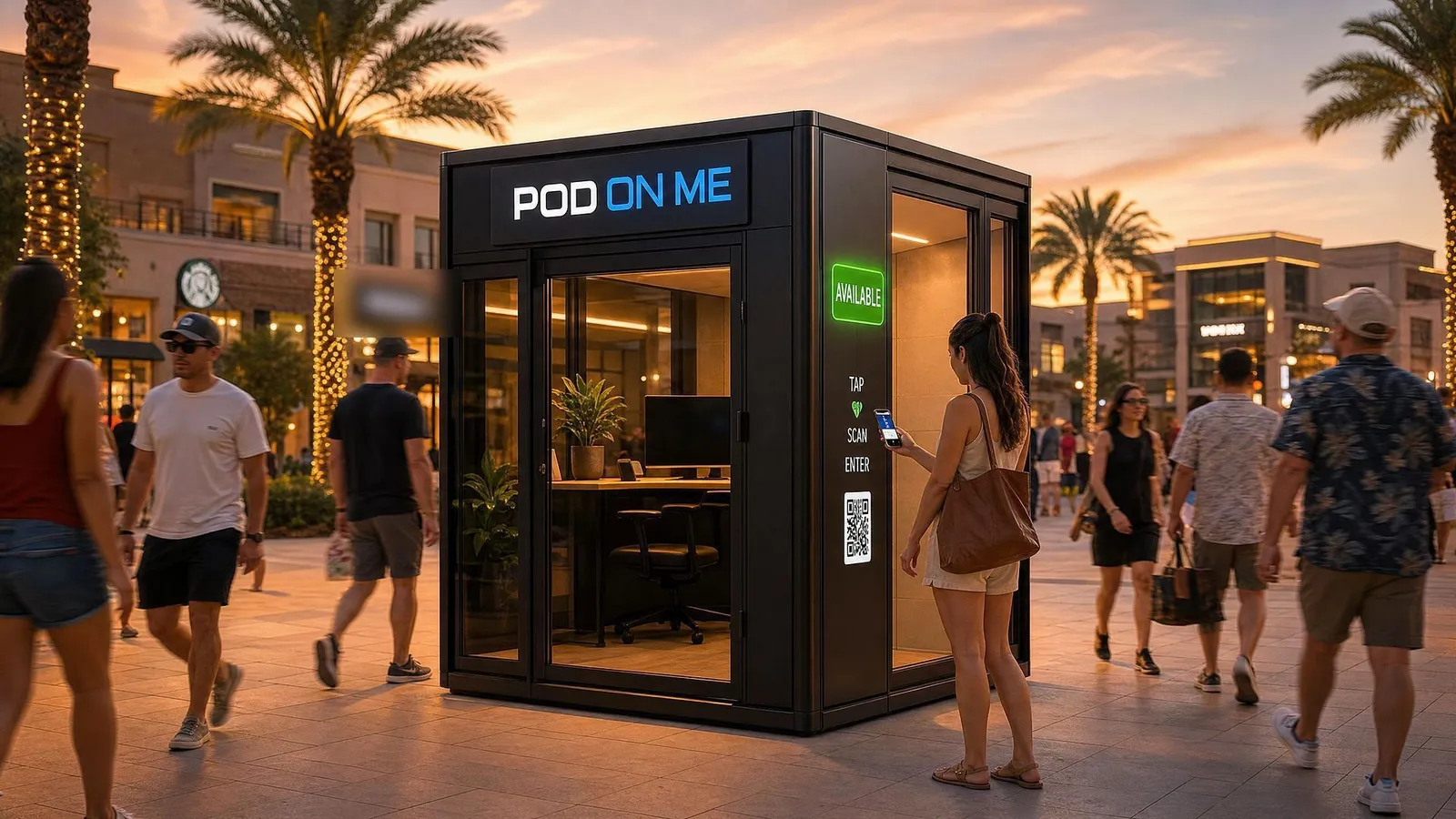 A POD ON ME pod on a palm-lined plaza at golden hour, a woman tapping her phone to enter as people walk past