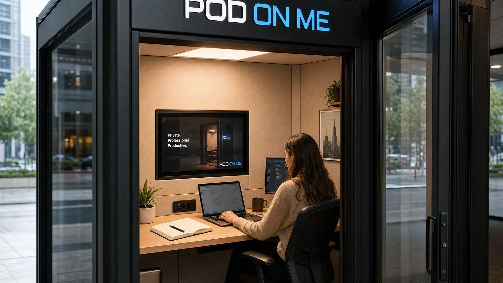 A woman at her own desk setup inside a pod she rents by the month