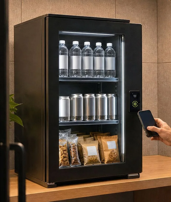 The tabletop refreshment vending unit with bottled water, drinks and snacks, paid with a phone tap