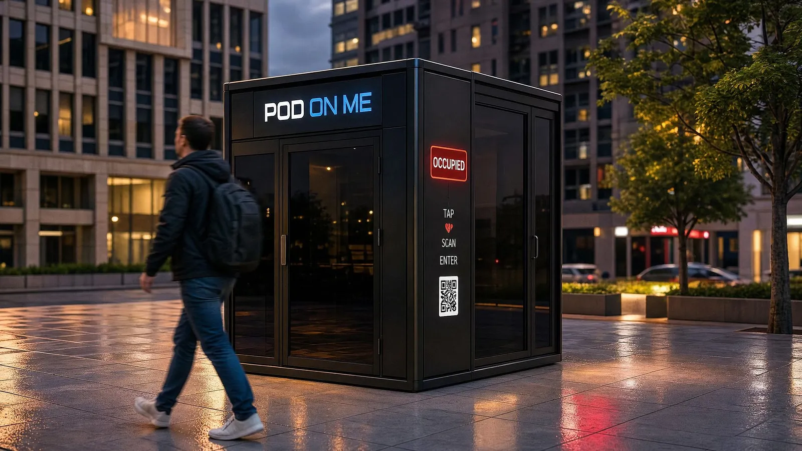 A POD ON ME pod with dark tinted glass and a red OCCUPIED status panel