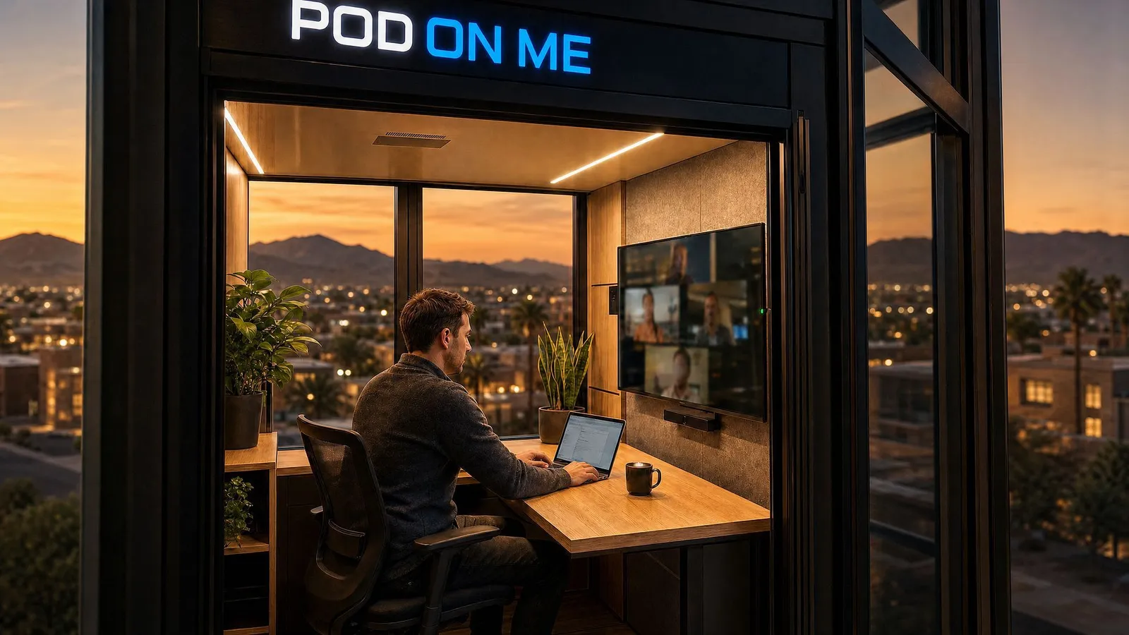 A man working on a video call inside a Work Pod